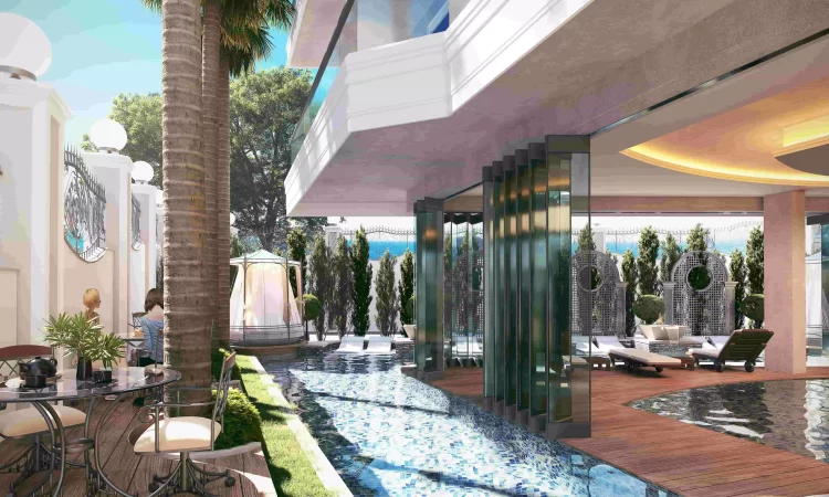 pool and seating area