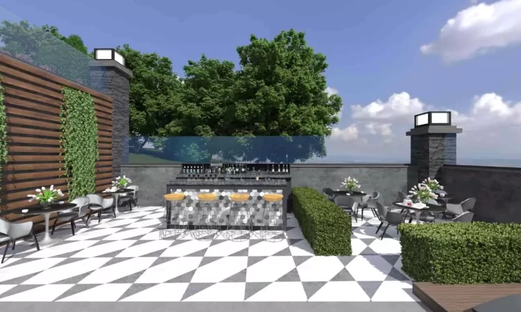 outdoor bar and seating area