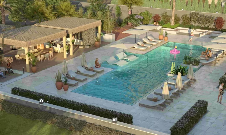 outdoor pool and seating area