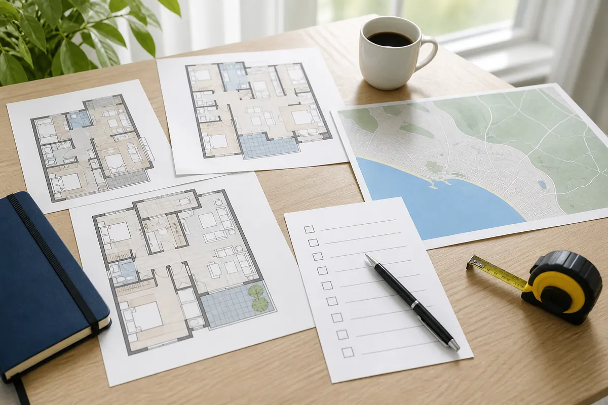 Buying property in Alanya comparison desk with generic plans, map and checklist