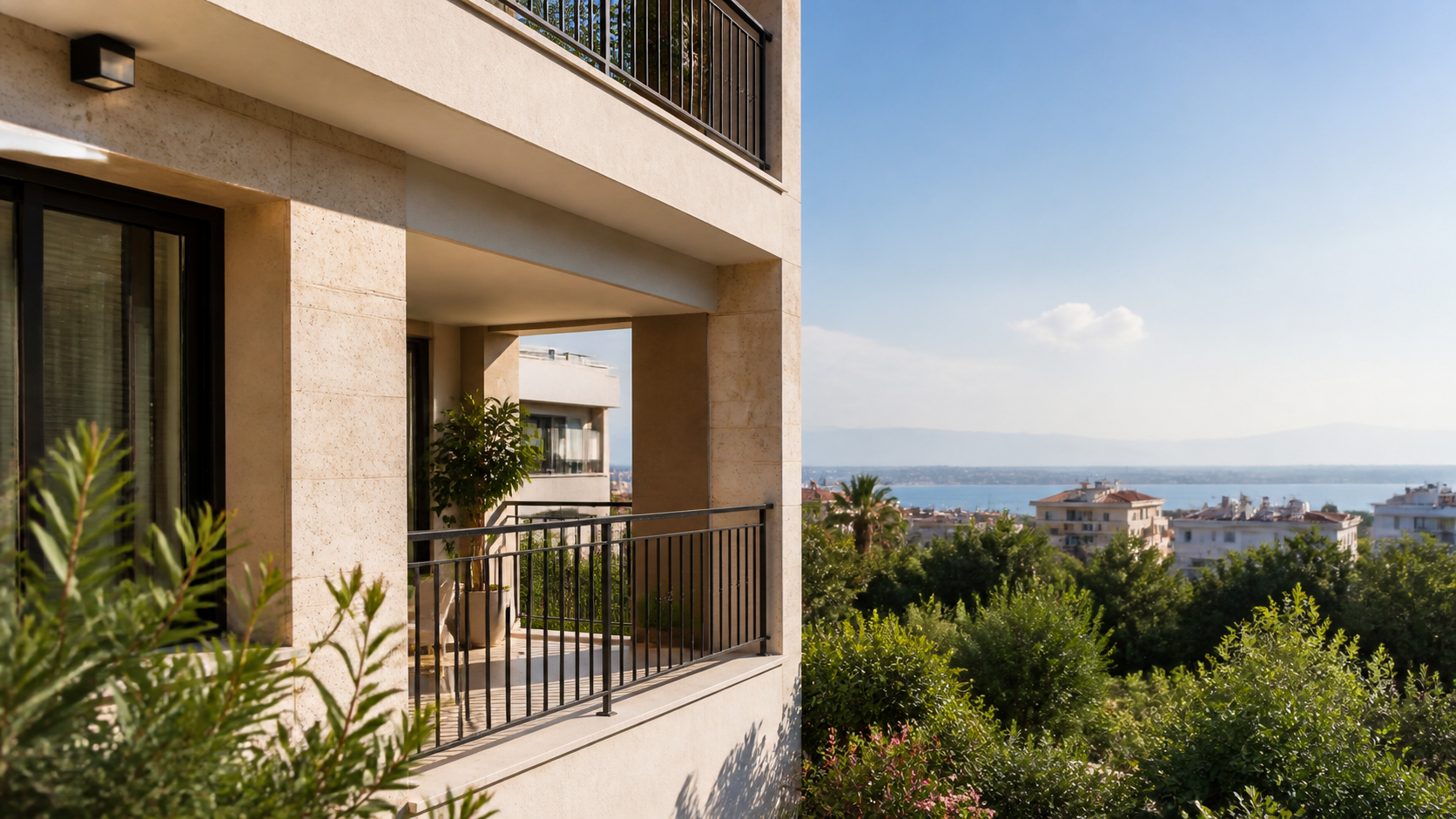 Generic Mediterranean apartment exterior illustrating a property search in Antalya