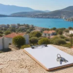 Clipboard and house keys overlooking a generic coastal property setting near Fethiye