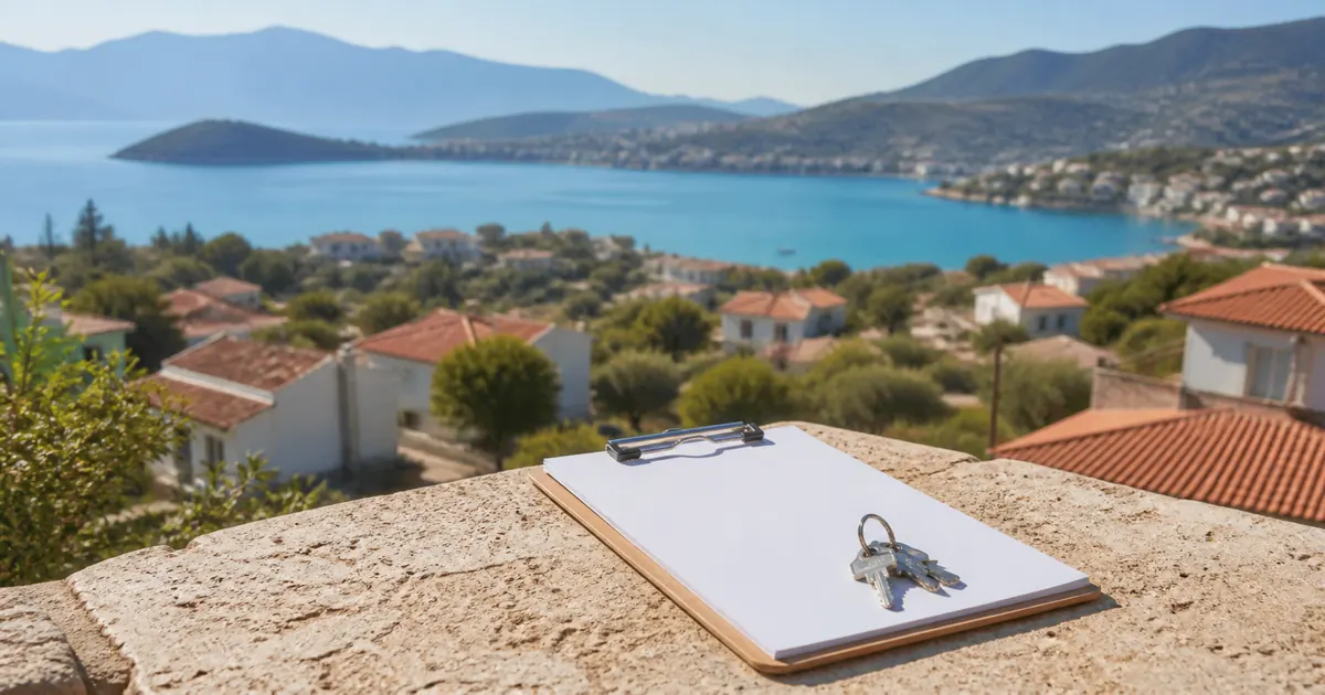 Clipboard and house keys overlooking a generic coastal property setting near Fethiye