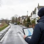 Home buyer reviewing flood-risk information beside an English riverside street