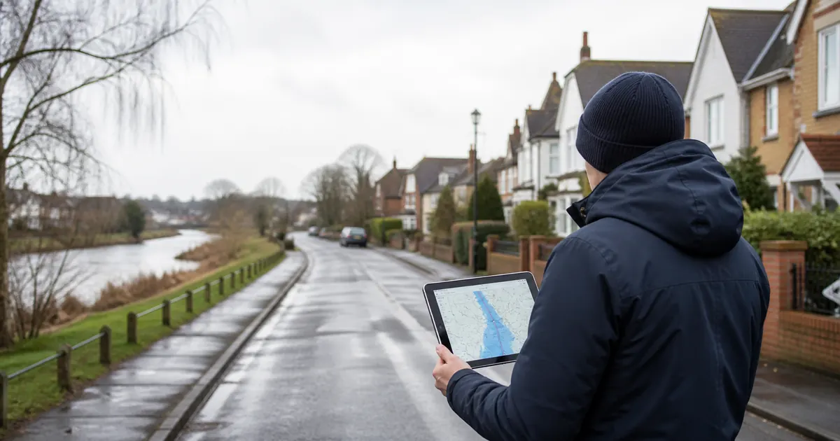 Home buyer reviewing flood-risk information beside an English riverside street