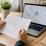 Buyer reviewing a plan and laptop to check property ownership UK information