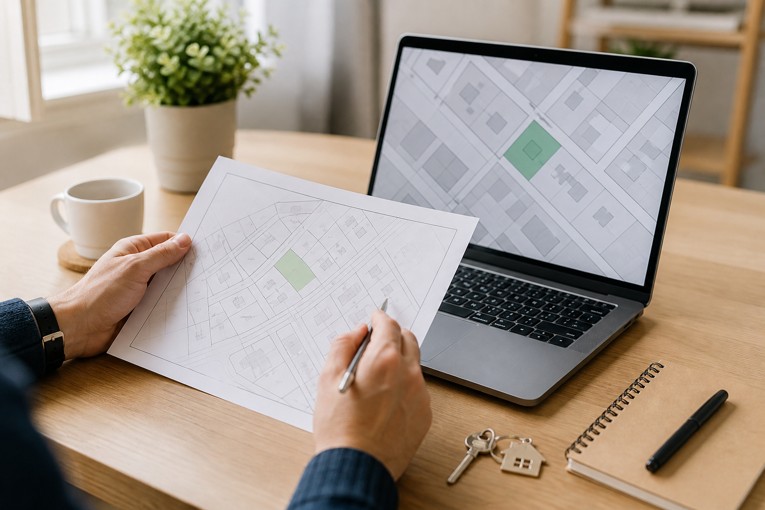 Buyer reviewing a plan and laptop to check property ownership UK information