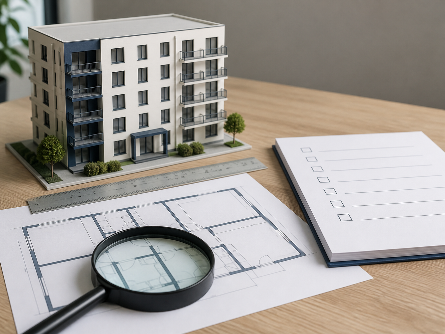 Apartment model, floor plan and checklist used to compare building records