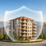 Illustration of Turkish apartment buildings with a shield representing earthquake insurance