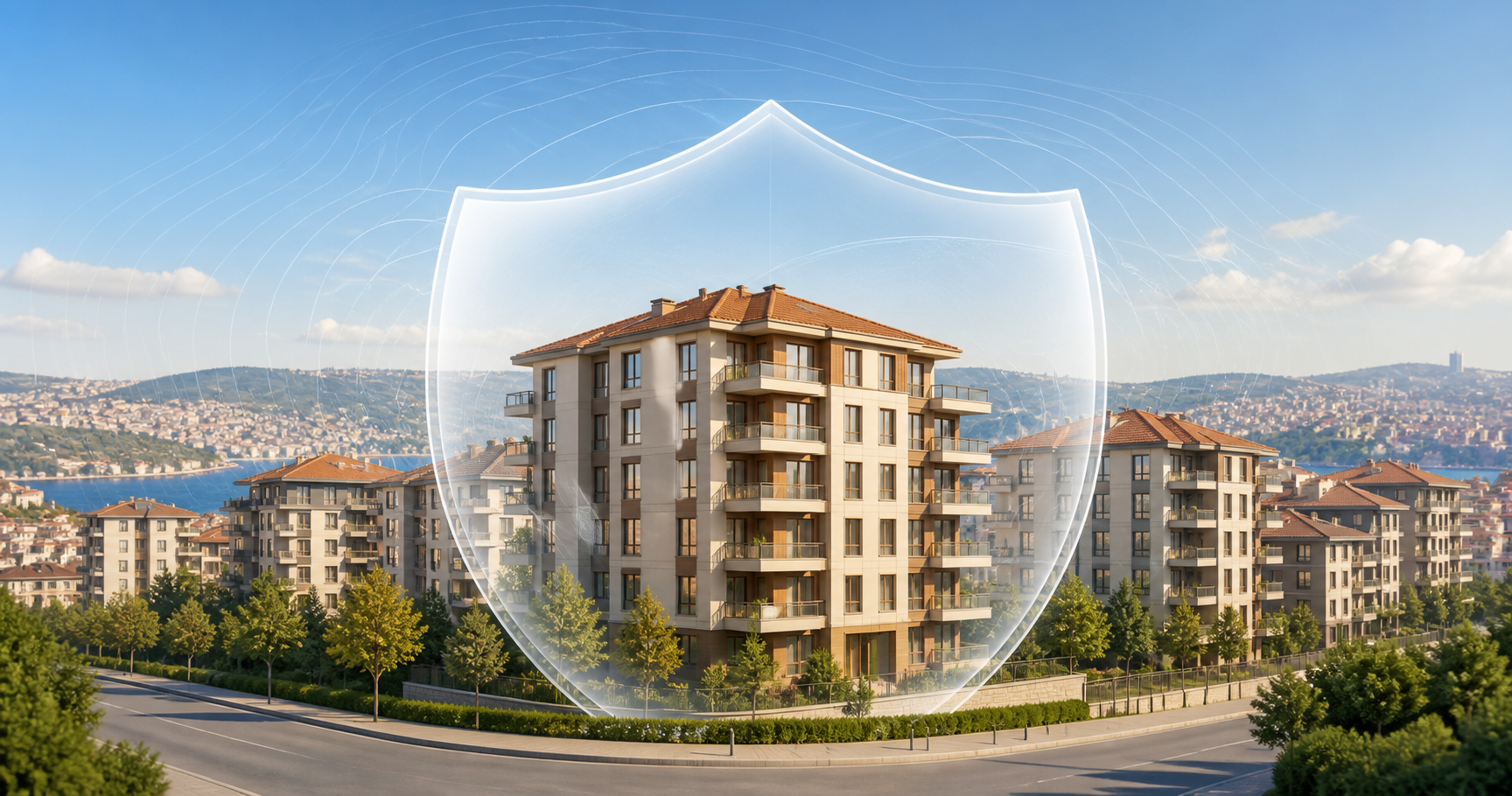 Illustration of Turkish apartment buildings with a shield representing earthquake insurance