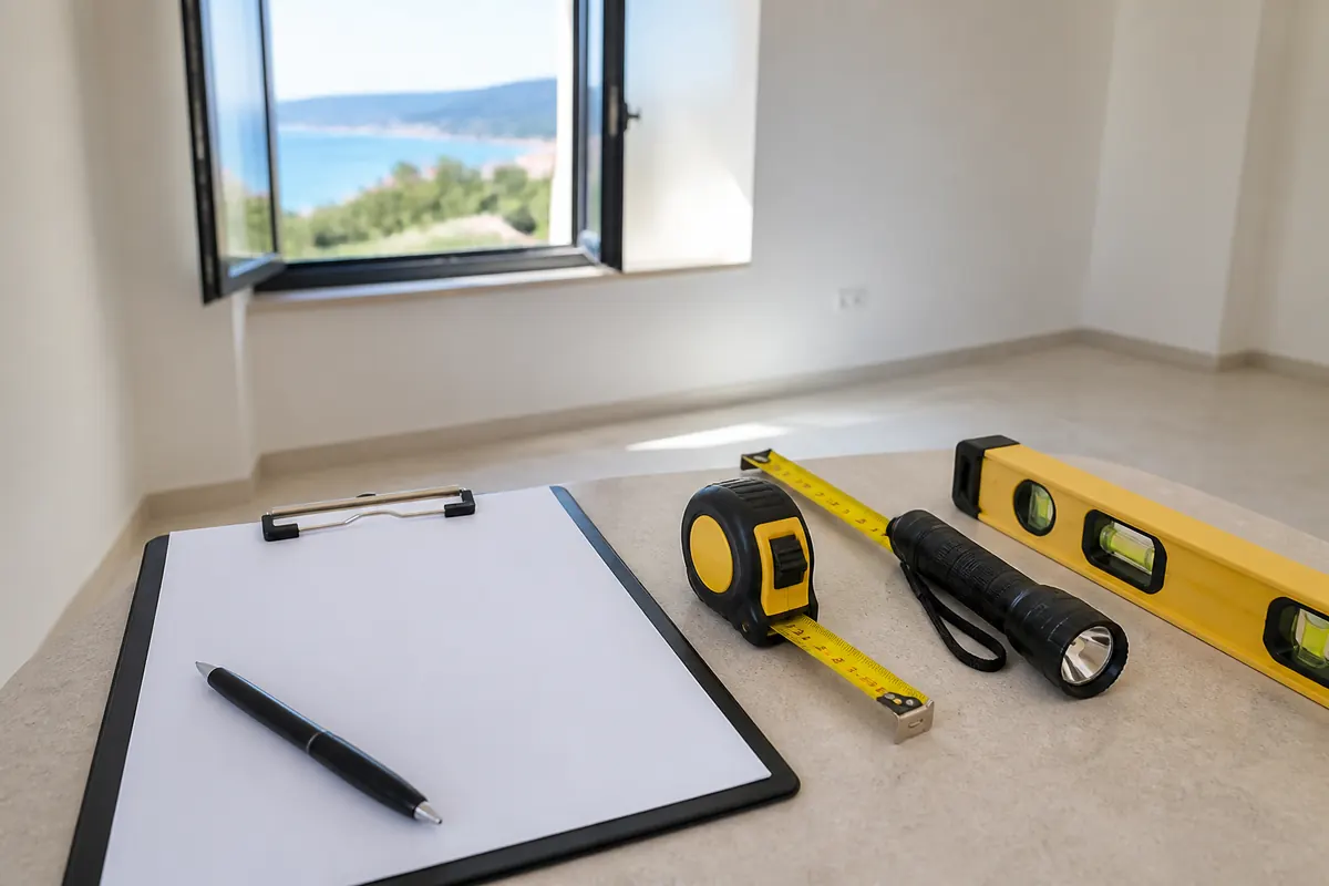 Fethiye property viewing checklist with tape measure, torch and spirit level