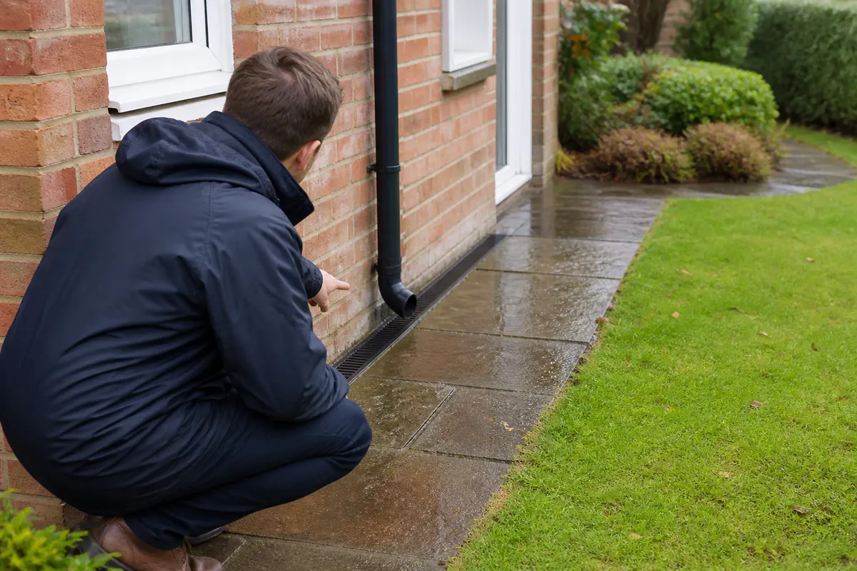 Surveyor checking drainage while assessing flood risk before buying a home