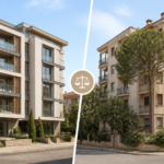 Illustrated new-build and resale apartment buildings shown side by side
