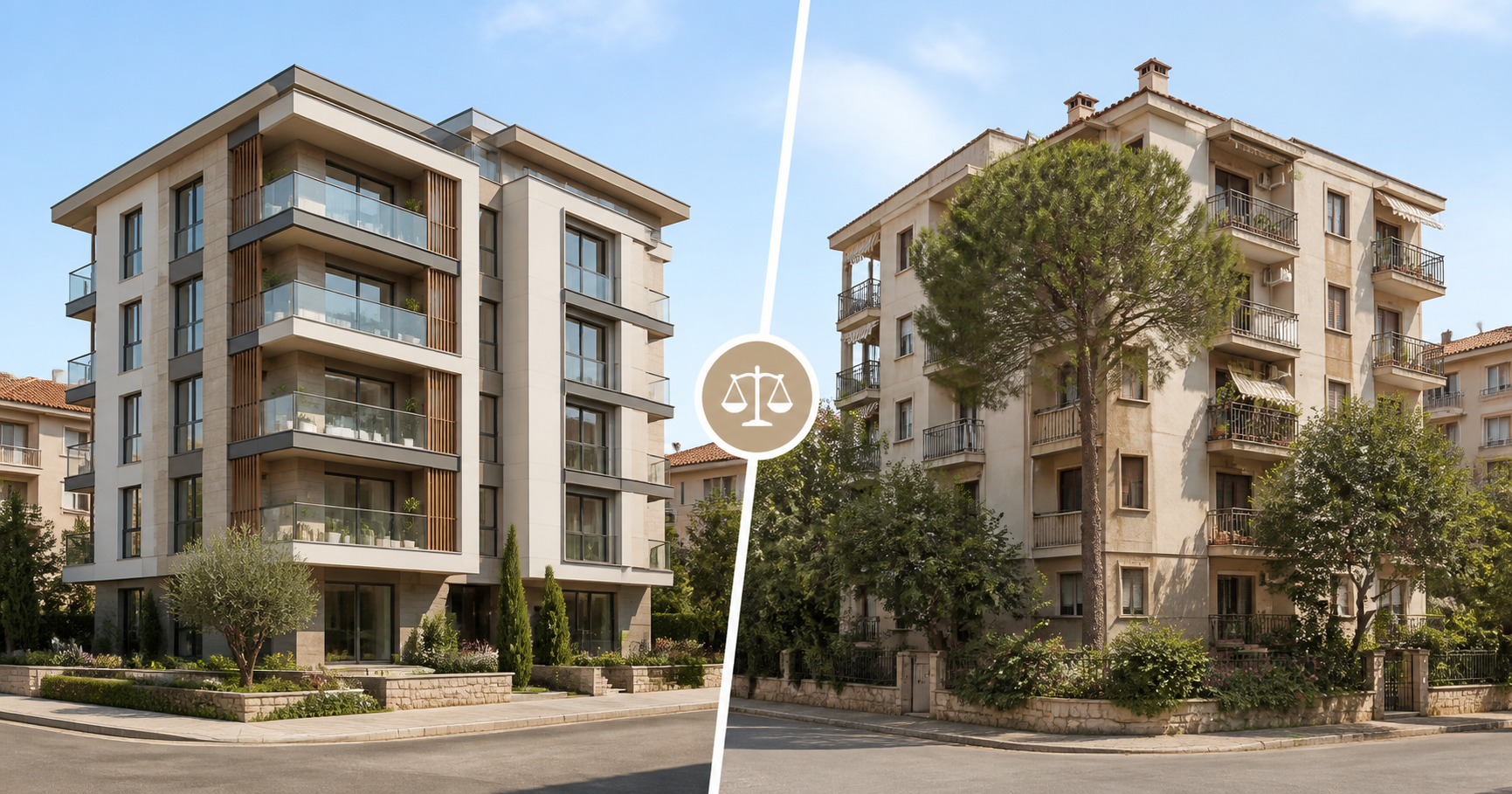 Illustrated new-build and resale apartment buildings shown side by side