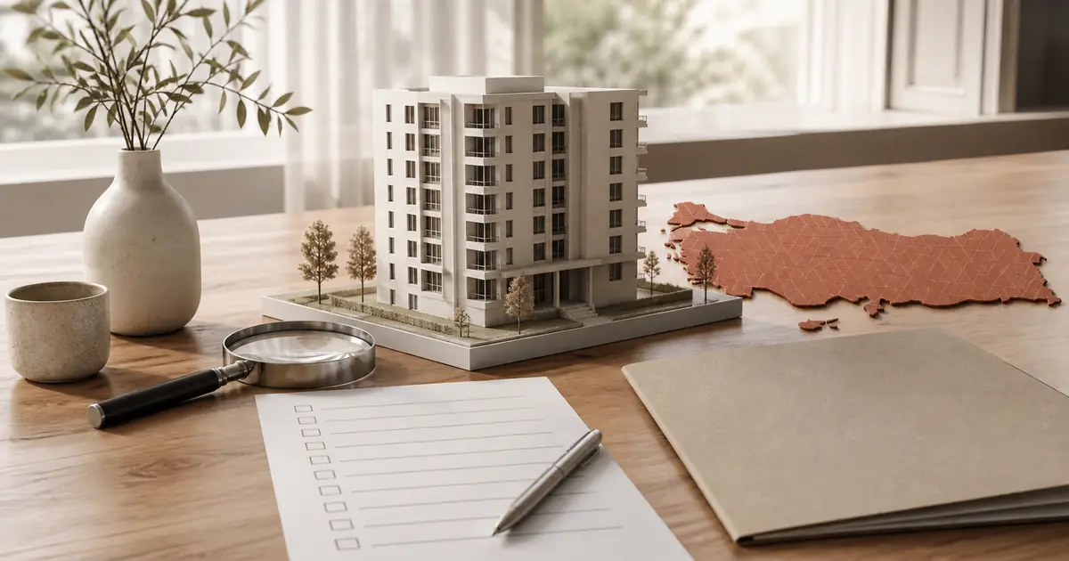 Model apartment building, checklist and map of Turkey arranged for property checks