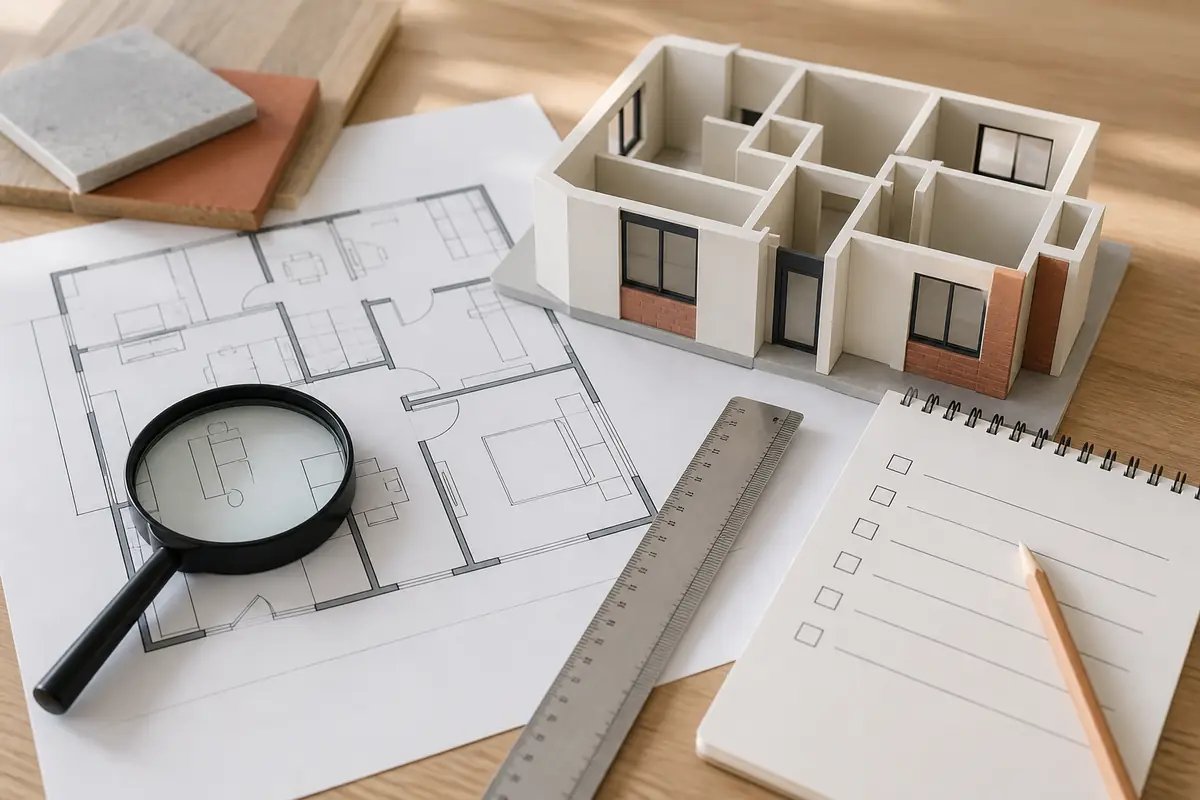 Property due diligence in Turkey illustrated by a floor plan, model, magnifying glass and checklist
