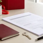 Unsigned property document, plain booklet, house key and pen on a professional desk