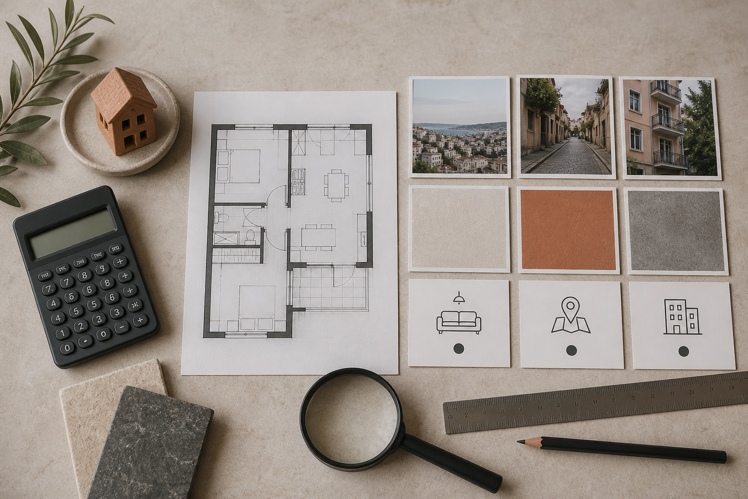 Floor plan, comparison cards and magnifying glass for property valuation checks