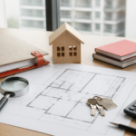 Desk with a floor plan, calculator, keys and magnifying glass for a property valuation report