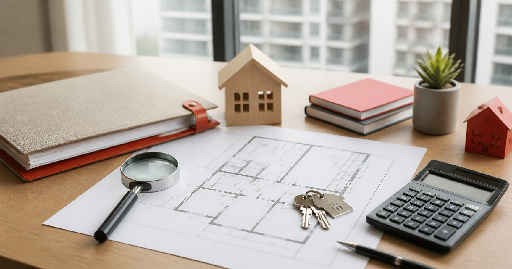 Desk with a floor plan, calculator, keys and magnifying glass for a property valuation report