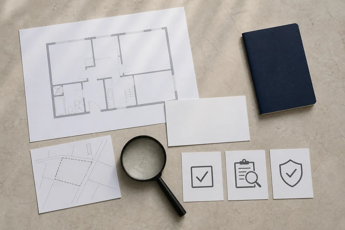 Floor plan, parcel sketch and checklist illustrating property eligibility checks in Turkey