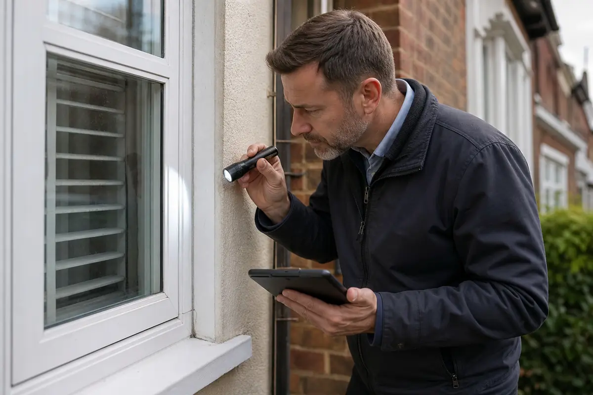 Surveyor checking a UK property exterior during a home survey