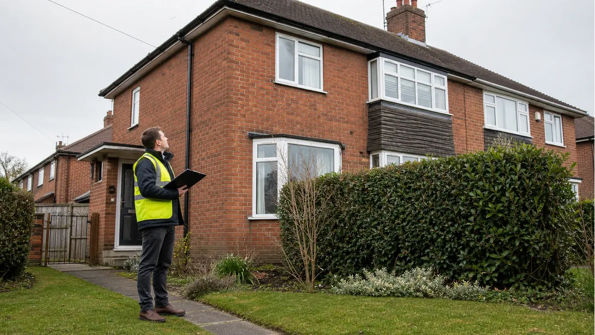 Surveyor inspecting a British house for a guide to UK property survey types