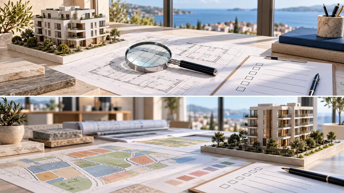 Apartment building model beside planning sheets and a document comparison checklist