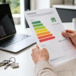 Buyer reviewing a colour-banded home energy document beside keys and a laptop