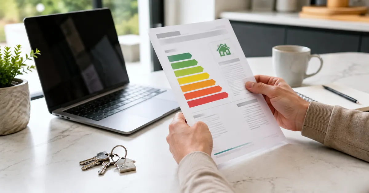 Buyer reviewing a colour-banded home energy document beside keys and a laptop