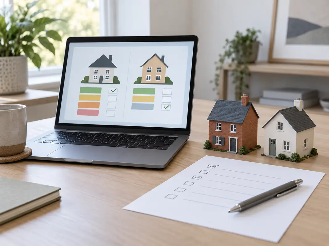 House models beside a laptop and checklist for comparing Council Tax band details