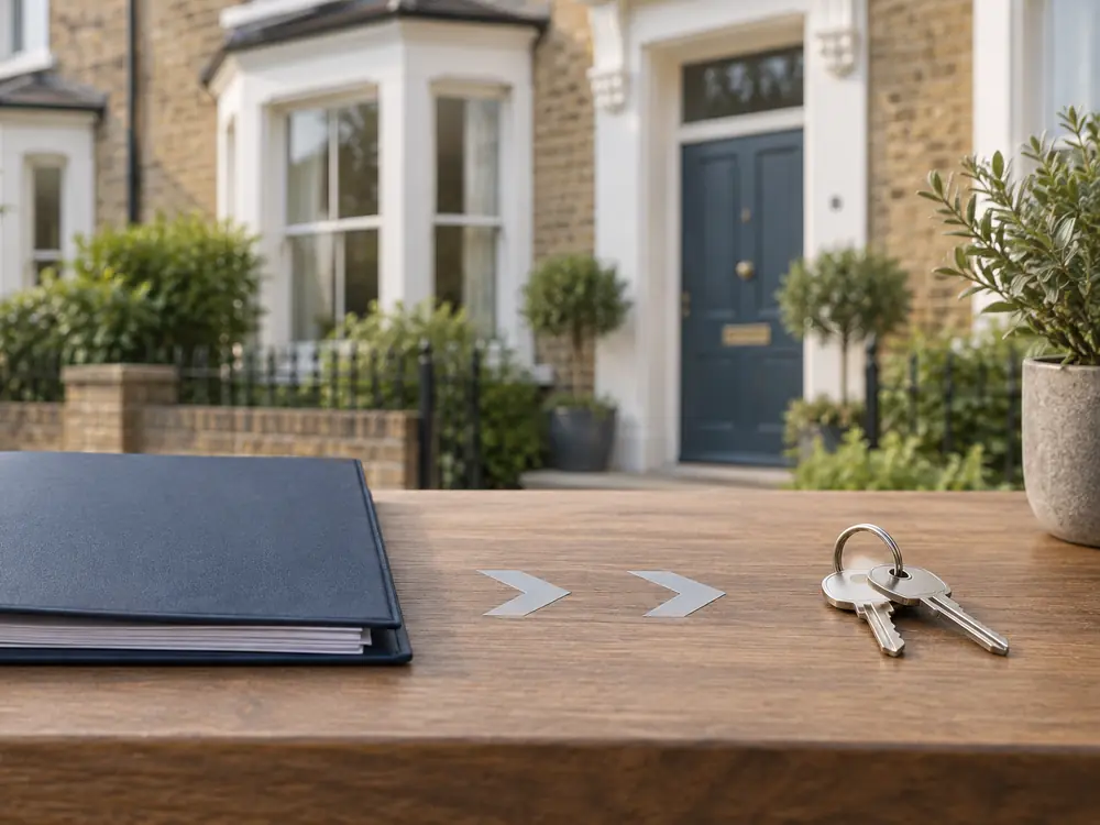House keys beside a blank contract illustrating UK property completion