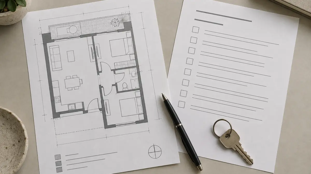 Desk with apartment plan, checklist, key and pen for reviewing management records