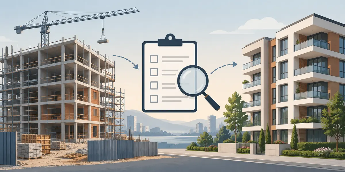 Comparison of a building under construction and a completed apartment building for Turkish title status checks