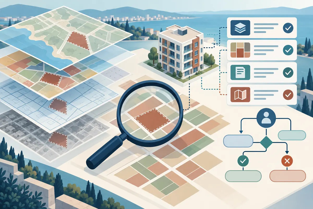 Buyer workflow comparing a municipal zoning map with parcel references and adviser questions