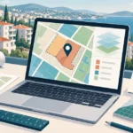 Editorial illustration of e-Imar property checks in Turkey with a digital zoning map and buildings