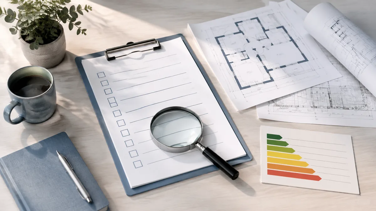 Property buyer checklist with an energy-rating card and generic building plans