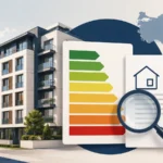 Turkey energy identity certificate concept beside a modern apartment building