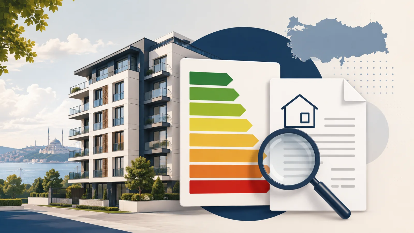 Turkey energy identity certificate concept beside a modern apartment building