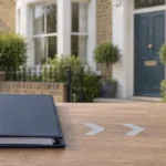 Contract folder and house keys in front of a modern British home