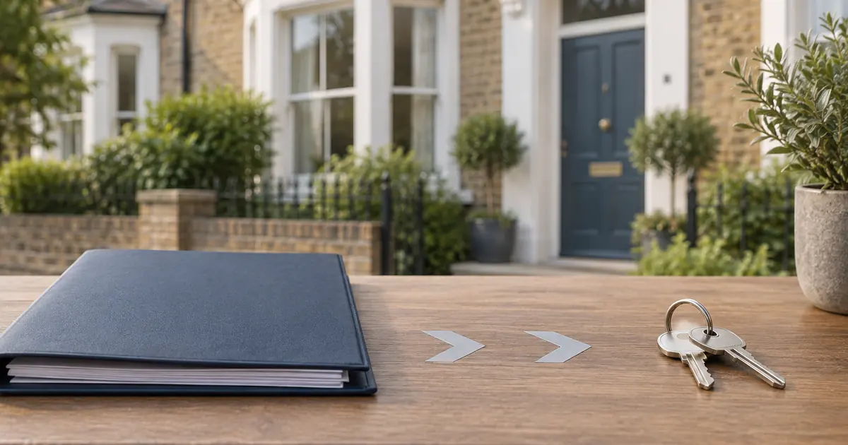 Contract folder and house keys in front of a modern British home