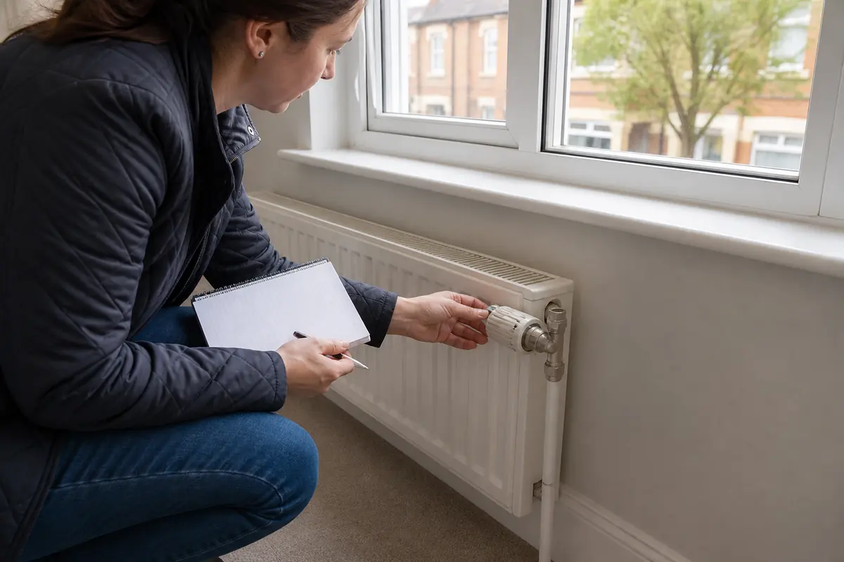 Buyer checking a radiator and window while using an EPC before buying property