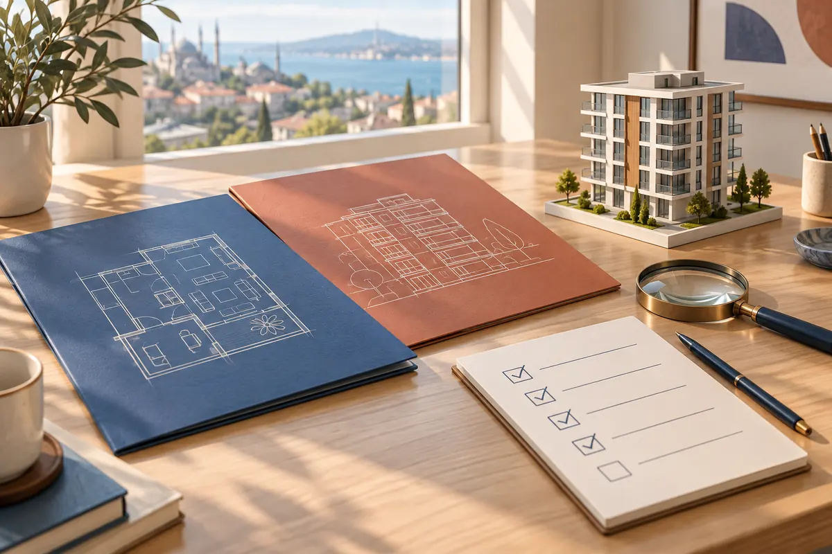 Architectural folders and apartment model representing kat irtifakı vs kat mülkiyeti checks