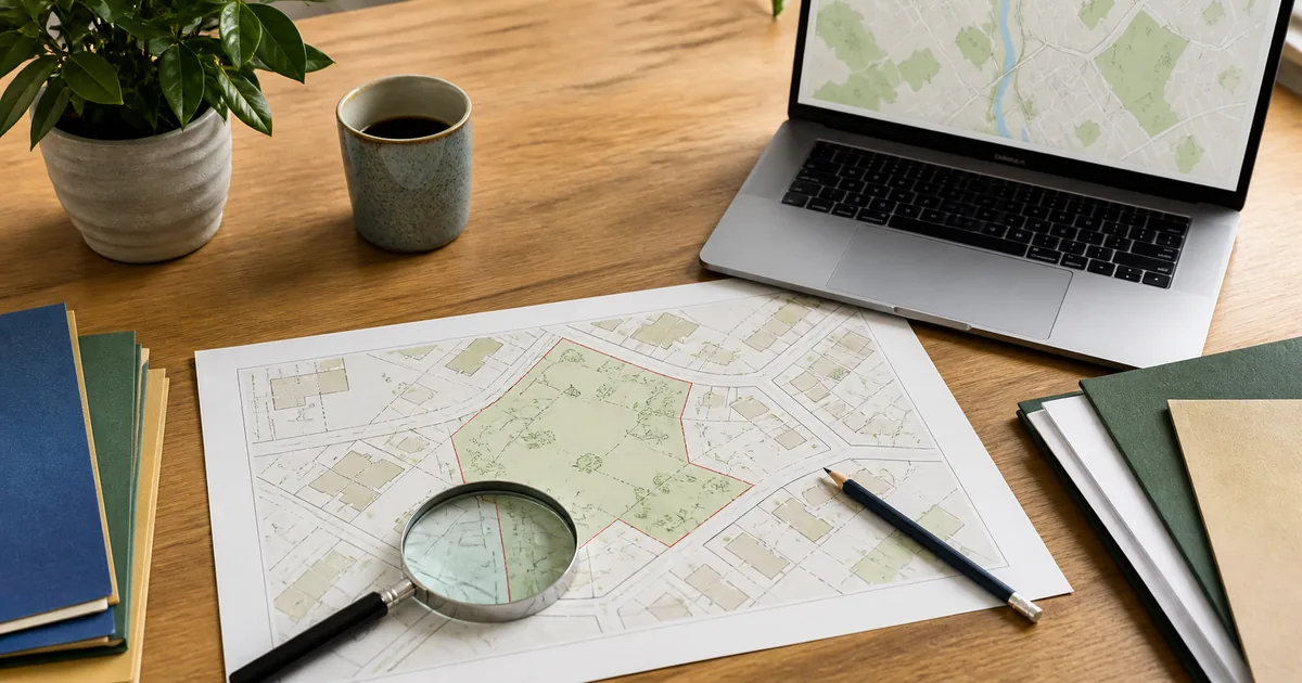 Local land charges search shown with a property map and magnifying glass