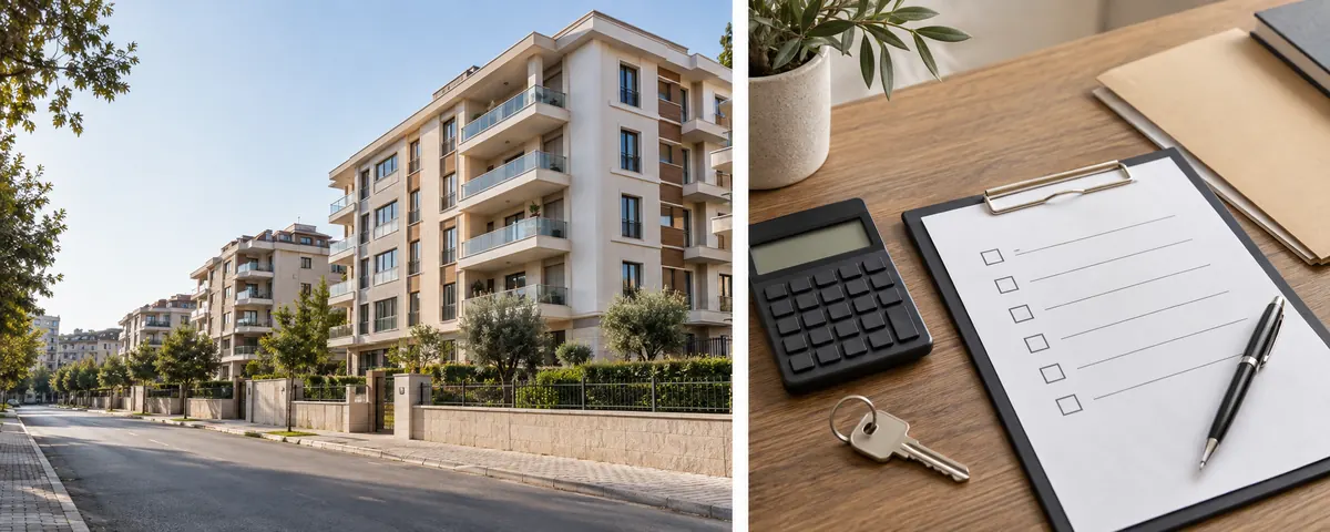House key, calculator and checklist arranged for a municipal property tax record review