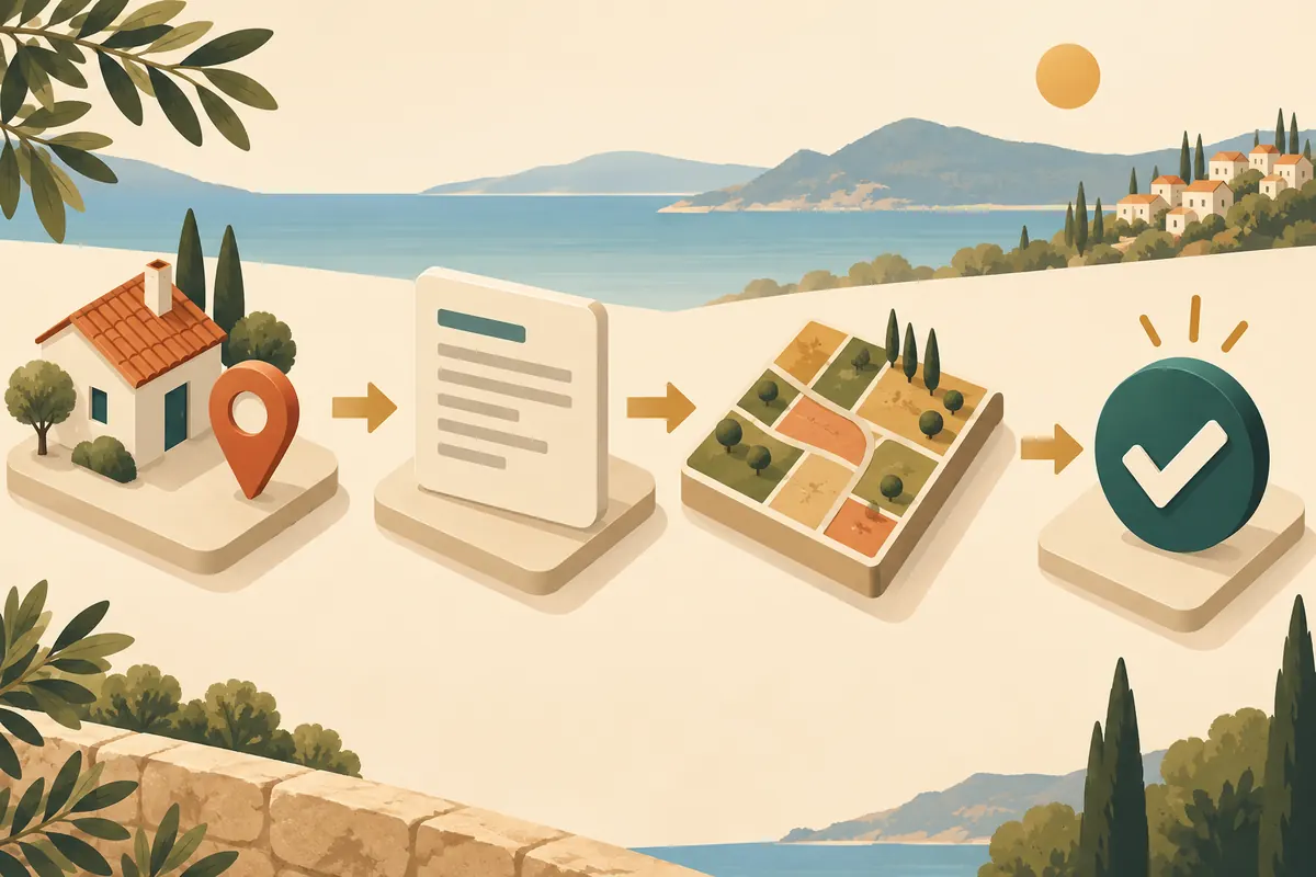 Property address comparison workflow with a house, map pin, records and parcel grid