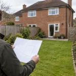 Fenced garden beside a UK home with visible hedge and boundary lines