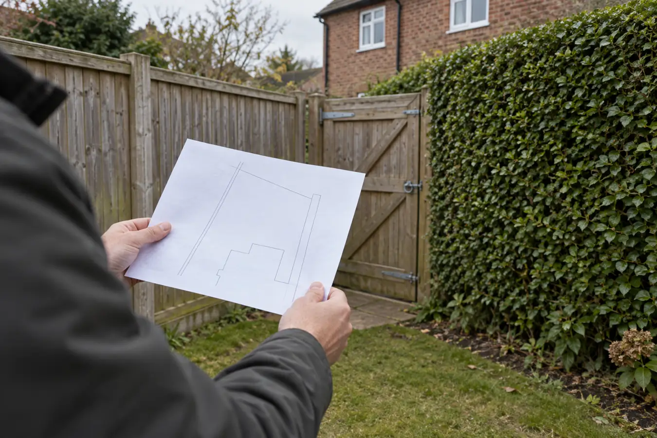Buyer comparing an unlabelled plan with a garden fence to check property boundaries before buying
