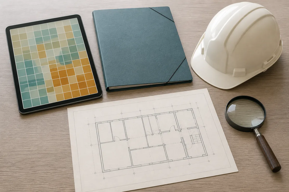 Abstract earthquake hazard map concept with building plans, a safety helmet and magnifying glass