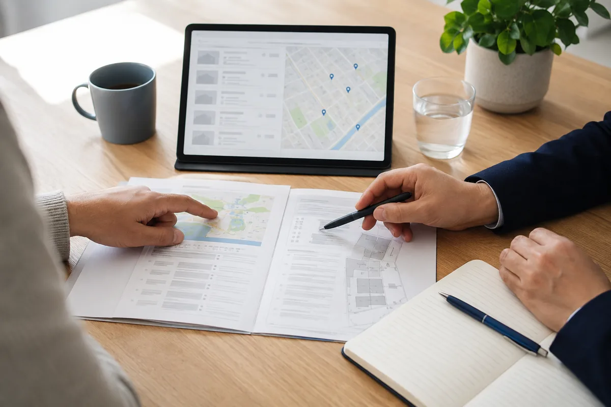 Buyer and conveyancing professional reviewing a generic property search pack